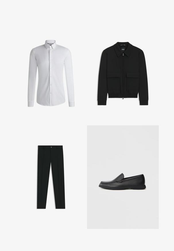 Giacca bomber nera con colletto, chiusura a zip frontale e due grandi tasche con patta. Presenta polsini e orlo a costine, realizzata in tessuto testurizzato.; Camicia bianca a maniche lunghe realizzata in tessuto liscio, con colletto button-down e una fila di bottoni sulla parte frontale. Design semplice.; Pantaloni neri in tessuto lisci, con design a gamba dritta. Presentano una chiusura frontale con bottone e passanti per cintura. Senza fantasie.; Mocassino slip-on in pelle nera con sopra testurizzato, punta arrotondata, tacco basso e suola in gomma, mostrato in profilo laterale su sfondo bianco.