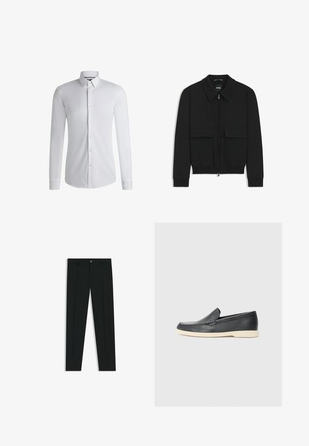 Zwarte bomberjack met een kraag, rits aan de voorkant en twee grote klepzakken. Heeft geribde manchetten en onderrand, gemaakt van textuurstof.; Witte dress shirt met lange mouwen, gemaakt van gladde stof, met een button-down kraag en een rij knoppen aan de voorkant. Eenvoudig ontwerp.; Zwarte dresspants met een recht pasvorm, gemaakt van een gladde stof. Heeft een sluiting met een knoop aan de voorkant en ceintuurlussen. Effen zonder patronen.; Zwarte leren instappers met een gestructureerde afwerking en een contrasterende beige rubberen zool. Beschikt over een subtiele accent langs de voorkant.