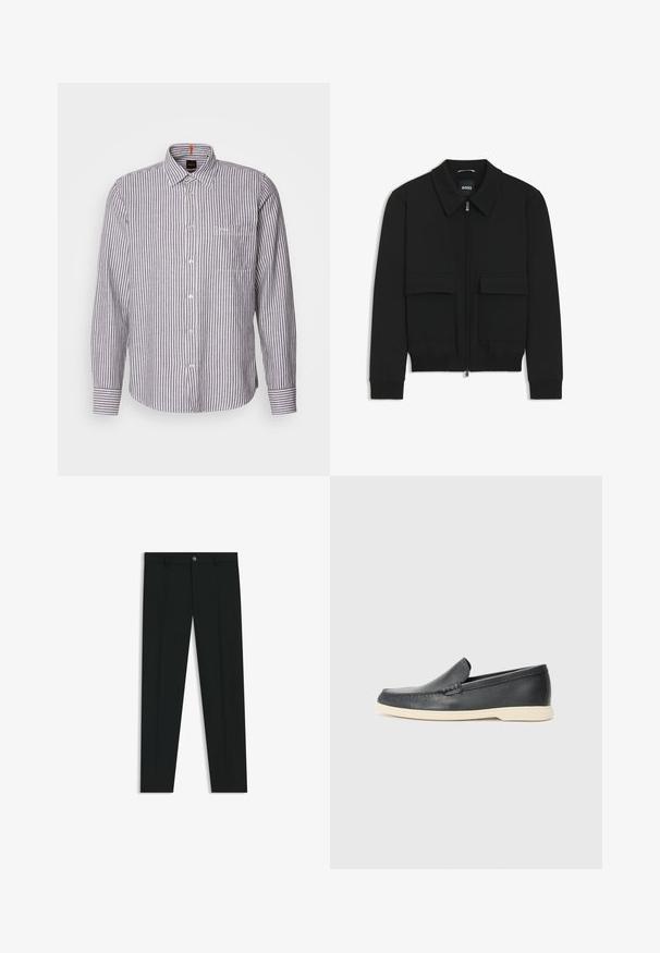 Giacca bomber nera con colletto, chiusura a zip frontale e due grandi tasche con patta. Presenta polsini e orlo a costine, realizzata in tessuto testurizzato.; Camicia a maniche lunghe con bottoni in strisce verticali bianche e grigie, caratterizzata da un colletto classico e una tasca sul petto. Il tessuto sembra testurizzato.; Pantaloni neri in tessuto lisci, con design a gamba dritta. Presentano una chiusura frontale con bottone e passanti per cintura. Senza fantasie.; Mocassini neri in pelle con finitura testurizzata e suola in gomma beige a contrasto. Presentano un accento sottile lungo la parte anteriore.