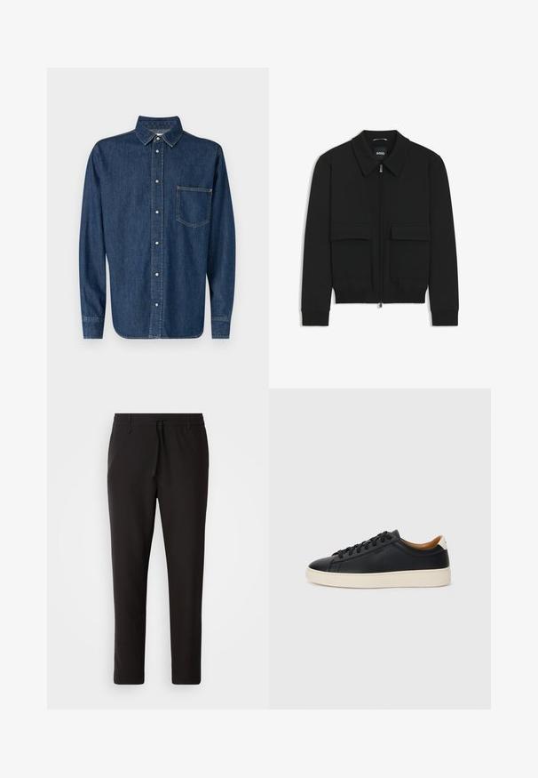 Giacca bomber nera con colletto, chiusura a zip frontale e due grandi tasche con patta. Presenta polsini e orlo a costine, realizzata in tessuto testurizzato.; Camicia di jeans blu scuro con maniche lunghe, chiusura a bottone sul davanti e taschino singolo sul petto. Presenta un colletto classico e orlo dritto.; Pantaloni jogger neri realizzati in tessuto liscio. Presentano una vita elasticizzata con stringa, gambe affusolate e senza tasche visibili. Design semplice.; Sneakers in pelle nera con una texture liscia, suola in gomma beige, design con lacci e un accento del tacco in contrasto.