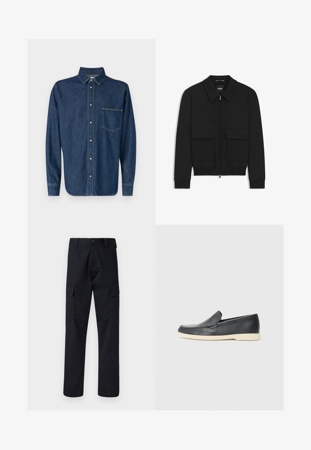 Giacca bomber nera con colletto, chiusura a zip frontale e due grandi tasche con patta. Presenta polsini e orlo a costine, realizzata in tessuto testurizzato.; Camicia di jeans blu scuro con maniche lunghe, chiusura a bottone sul davanti e taschino singolo sul petto. Presenta un colletto classico e orlo dritto.; Pantaloni cargo neri realizzati in un tessuto resistente, con un taglio dritto, due tasche laterali e una chiusura a bottone in vita.; Mocassini neri in pelle con finitura testurizzata e suola in gomma beige a contrasto. Presentano un accento sottile lungo la parte anteriore.