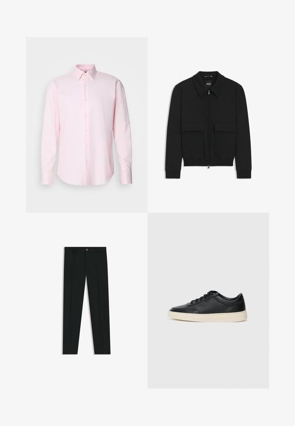Zwarte bomberjack met een kraag, rits aan de voorkant en twee grote klepzakken. Heeft geribde manchetten en onderrand, gemaakt van textuurstof.; Lichtroze langarmshirt van textiel met een structuur, met een standaard kraag en knoopsluiting aan de voorkant.; Zwarte dresspants met een recht pasvorm, gemaakt van een gladde stof. Heeft een sluiting met een knoop aan de voorkant en ceintuurlussen. Effen zonder patronen.; Zwarte leren sneaker met lage schacht, zwarte veters en off-white zool, weergegeven in zijprofiel op een witte achtergrond.