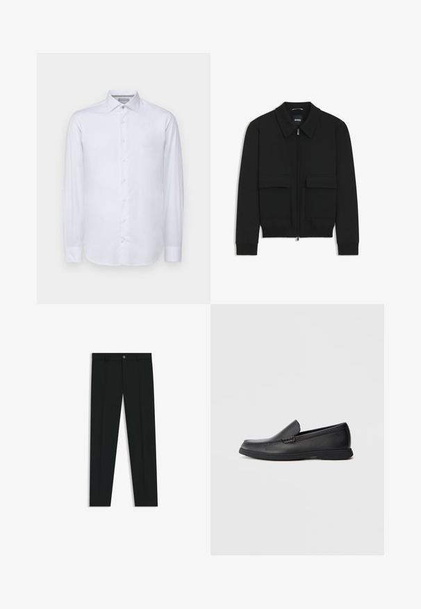 Giacca bomber nera con colletto, chiusura a zip frontale e due grandi tasche con patta. Presenta polsini e orlo a costine, realizzata in tessuto testurizzato.; Camicia bianca a maniche lunghe realizzata in tessuto morbido, con colletto classico e pattina centrale con bottoni, accentuata da un logo discreto.; Pantaloni neri in tessuto lisci, con design a gamba dritta. Presentano una chiusura frontale con bottone e passanti per cintura. Senza fantasie.; Mocassino slip-on in pelle nera con sopra testurizzato, punta arrotondata, tacco basso e suola in gomma, mostrato in profilo laterale su sfondo bianco.