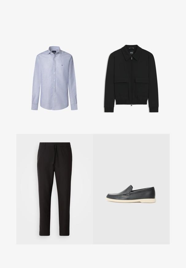 Zwarte bomberjack met een kraag, rits aan de voorkant en twee grote klepzakken. Heeft geribde manchetten en onderrand, gemaakt van textuurstof.; Gestreepte langemouwen shirt in lichtblauw en witte katoen, met een button-down kraag en een klein geborduurd logo op de borst.; Zwarte joggingsbroek van gladde stof. Kenmerkt zich door een elastische tailleband met een trekkoord, taps toelopende benen en geen zichtbare zakken. Eenvoudig ontwerp.; Zwarte leren instappers met een gestructureerde afwerking en een contrasterende beige rubberen zool. Beschikt over een subtiele accent langs de voorkant.