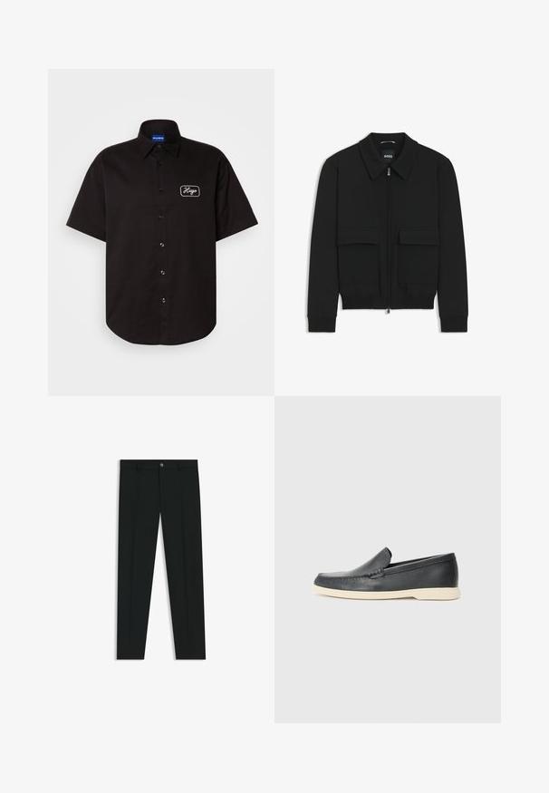 Giacca bomber nera con colletto, chiusura a zip frontale e due grandi tasche con patta. Presenta polsini e orlo a costine, realizzata in tessuto testurizzato.; Camicetta nera a maniche corte in cotone, con chiusura a bottoni e logo ricamato "Hugo" sul lato sinistro del petto. Tessuto morbido.; Pantaloni neri in tessuto lisci, con design a gamba dritta. Presentano una chiusura frontale con bottone e passanti per cintura. Senza fantasie.; Mocassini neri in pelle con finitura testurizzata e suola in gomma beige a contrasto. Presentano un accento sottile lungo la parte anteriore.