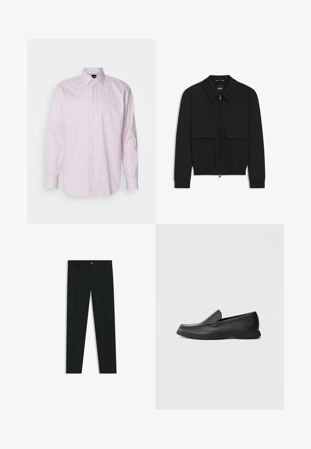 Zwarte bomberjack met een kraag, rits aan de voorkant en twee grote klepzakken. Heeft geribde manchetten en onderrand, gemaakt van textuurstof.; Witte overhemd met fijne rode verticale strepen, button-down kraag, lange mouwen en een duidelijk logo op de kraag. Katoenmengsel materiaal.; Zwarte dresspants met een recht pasvorm, gemaakt van een gladde stof. Heeft een sluiting met een knoop aan de voorkant en ceintuurlussen. Effen zonder patronen.; Zwarte leren instaploafer met een textuur bovenwerk, ronde neus, lage hak en rubberen zool, weergegeven in zijprofiel op een witte achtergrond.