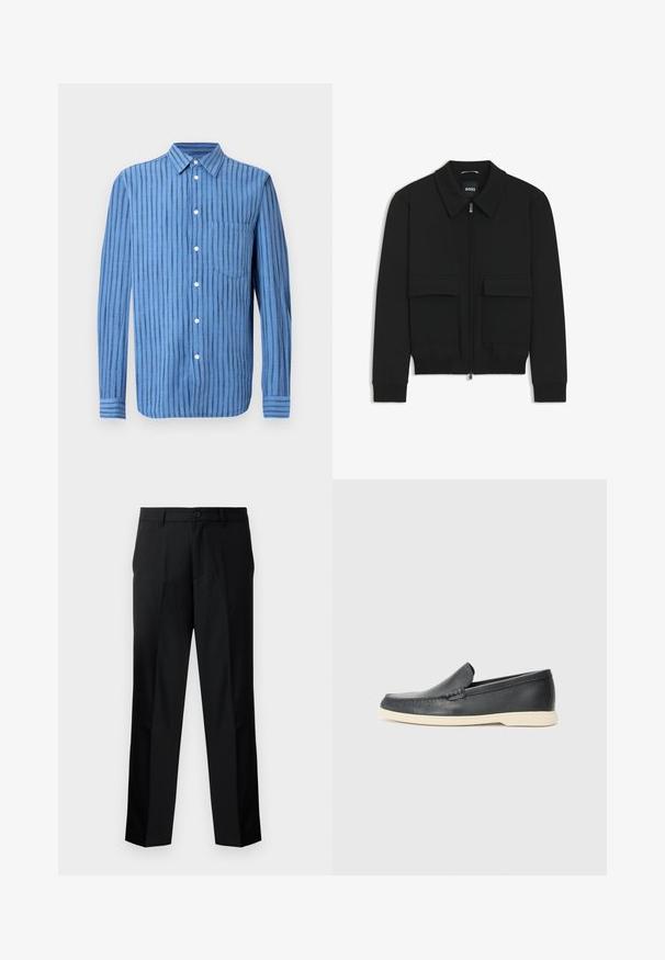 Musta pommikohva takki, jossa on kauluskulli, vetoketju etupuolella ja kaksi suurta läpällistä taskua. Varustettu ribbireunuksilla hihoissa ja helmassa, valmistettu teksturoituneesta kankaasta.; Sininen pitkähihainen nappitaskupaita, jossa on pystysuorat mustat raidat ja etutasku rinnassa, esillä valkoisella taustalla.; Mustat räätälöidyt housut suoran leikkauksen kanssa, joissa on nappisulku, vetoketjulahje ja vyölenkit. Sileä kangas ja sivutaskut.; Mustat nahkakengät ilman nauhoja, joissa on teksturoitu pinta ja kontrastoiva beige kumipohja. Kengissä on hillitty yksityiskohta etuosassa.