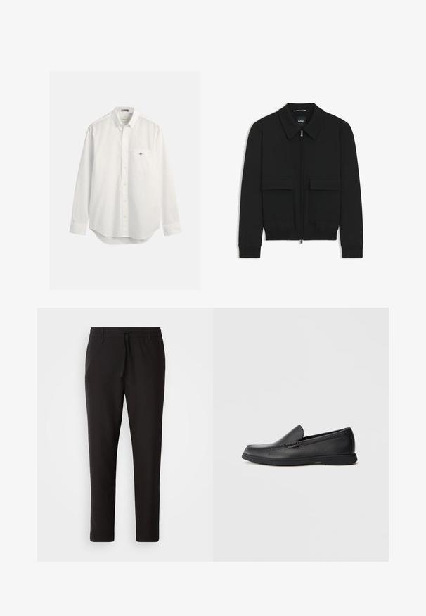 Zwarte bomberjack met een kraag, rits aan de voorkant en twee grote klepzakken. Heeft geribde manchetten en onderrand, gemaakt van textuurstof.; Witte button-up blouse van katoen, met een borstzak en een klein logo. Lange mouwen en een licht afgeronde zoom.; Zwarte joggingsbroek van gladde stof. Kenmerkt zich door een elastische tailleband met een trekkoord, taps toelopende benen en geen zichtbare zakken. Eenvoudig ontwerp.; Zwarte leren instaploafer met een textuur bovenwerk, ronde neus, lage hak en rubberen zool, weergegeven in zijprofiel op een witte achtergrond.