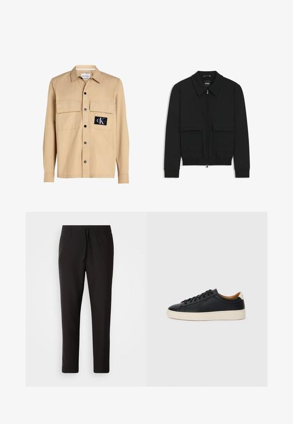 Sort bomberjakke med krave, lynlås foran og to store klaplommer. Har ribbede manchetter og bund, lavet af struktureret stof.; Calvin Klein Jeans CARGO OVERSHIRT - Skjorter - travertine; Sorte joggebukser lavet af glat stof. Har en elastisk talje med snor, tætsiddende ben og ingen synlige lommer. Enkel design.; Sorte lædersneakers med en glat overflade, beige gummisål, snørebåndsdesign og en kontrastfarvet hæl.