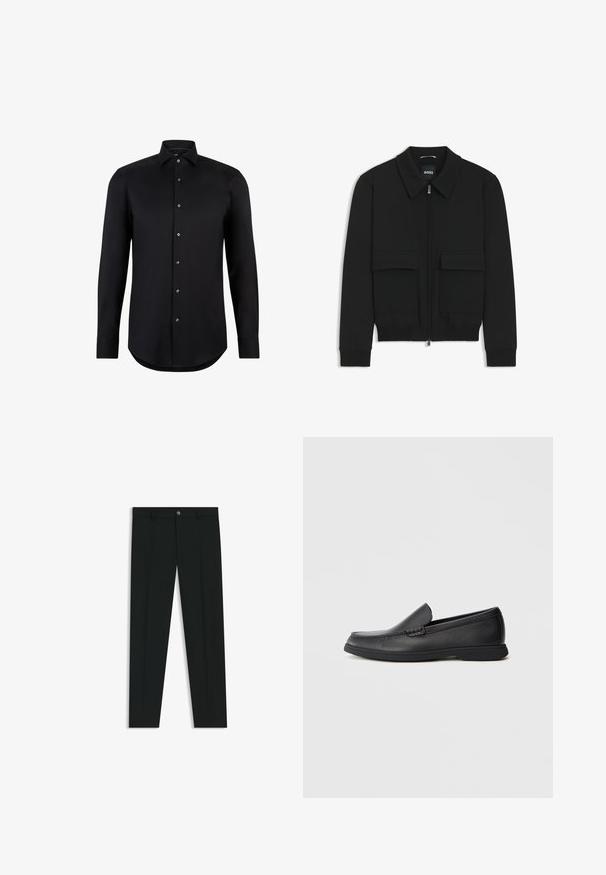 Zwarte bomberjack met een kraag, rits aan de voorkant en twee grote klepzakken. Heeft geribde manchetten en onderrand, gemaakt van textuurstof.; Zwarte langesleeve shirt van gladde stof, met een spitse kraag en knopen aan de voorkant, met een gebogen zoom en zonder patronen of accenten.; Zwarte dresspants met een recht pasvorm, gemaakt van een gladde stof. Heeft een sluiting met een knoop aan de voorkant en ceintuurlussen. Effen zonder patronen.; Zwarte leren instaploafer met een textuur bovenwerk, ronde neus, lage hak en rubberen zool, weergegeven in zijprofiel op een witte achtergrond.