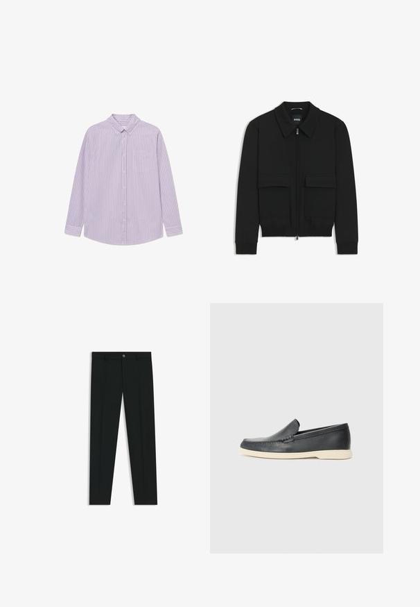 Black bomber jacket with a collared neck, zip front, and two large flap pockets. Features ribbed cuffs and hem, made of textured fabric.; Purple and white striped long-sleeve shirt with a button-down collar, single chest pocket, and curved hem. Made of lightweight fabric.; Black dress pants with a straight-leg design, made of smooth fabric. Features a front button closure and belt loops. Plain without patterns.; Black leather slip-on loafers with a textured finish and a contrasting beige rubber sole. Features a subtle accent along the front.