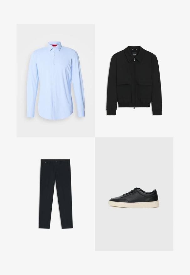 Musta pommikohva takki, jossa on kauluskulli, vetoketju etupuolella ja kaksi suurta läpällistä taskua. Varustettu ribbireunuksilla hihoissa ja helmassa, valmistettu teksturoituneesta kankaasta.; Vaaleansininen pitkähihaisuus paita, joka on valmistettu sileästä kankaasta. Paidan edessä on napitus, leveä kaulus ja pyöristetyt helmareunat. Brändilappu näkyy kauluksessa.; Miestne tmavomodré nohavice vyrobené z ľahkého materiálu. Majú zapínanie na gombík, pútka na opasok a dve bočné vrecká. Priame nohy.; Musta matalavartinen nahkastretchu, jossa on mustat nauhat ja vaaleanharmaa pohja, esitetty sivuprofiilissa valkoista taustaa vasten.