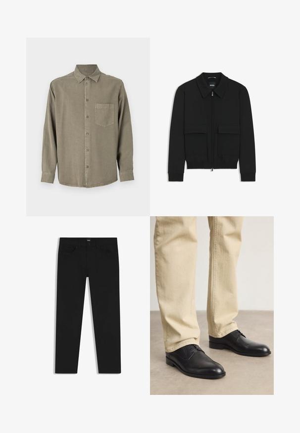 Zwarte bomberjack met een kraag, rits aan de voorkant en twee grote klepzakken. Heeft geribde manchetten en onderrand, gemaakt van textuurstof.; Langarm, knoopsluiting overhemd van olijfgroen stof. Heeft een borstzak, klassieke kraag en knoopmanchetten. Zachte textuur met een ontspannen pasvorm.; Zwarte denim broek met een rechte snit, voorzien van een standaard tailleband, vijf zakken en een knoopsluiting. Gladde textuur overal.; Zwarte leren veterschoenen met een ronde neus, een gladde afwerking en subtiele stikdetails, gedragen met lichtbeige broeken.