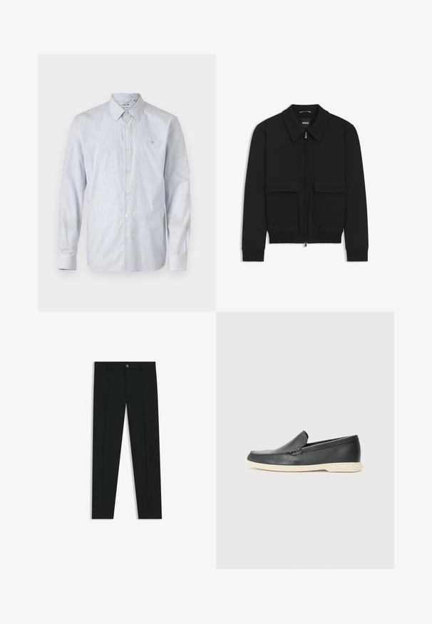 Czarna kurtka bomberka z kołnierzykiem, zapinana na zamek, z dwiema dużymi kieszeniami z klapami. Posiada ściągacze na mankietach i dole, wykonana z teksturowanej tkaniny.; Pasiasta, długorękawowa koszula w jasnoniebieskim i białym kolorze z mieszanki bawełny. Posiada zapięcie na guziki, klasyczny kołnierzyk oraz małe, haftowane logo na piersi.; Czarne spodnie materiałowe z prostymi nogawkami, wykonane z gładkiego materiału. Posiadają zamek na guzik z przodu oraz szlufki na pasek. Gładkie, bez wzorów.; Czarne skórzane slip-ony w stylu loafers z teksturowanym wykończeniem i kontrastującą beżową gumową podeszwą. Posiadają delikatny akcent wzdłuż przodu.