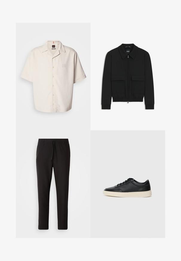 Giacca bomber nera con colletto, chiusura a zip frontale e due grandi tasche con patta. Presenta polsini e orlo a costine, realizzata in tessuto testurizzato.; Camicia a maniche corte color crema con bottoni, realizzata in un tessuto morbido, dotata di una piccola tasca con logo quadrato e un design di colletto classico.; Pantaloni jogger neri realizzati in tessuto liscio. Presentano una vita elasticizzata con stringa, gambe affusolate e senza tasche visibili. Design semplice.; Sneaker in pelle nera a basso profilo con lacci neri e suola avorio, mostrato di profilo su sfondo bianco.