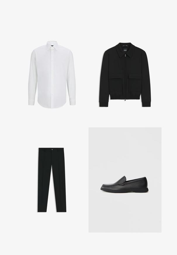 Black bomber jacket with a collared neck, zip front, and two large flap pockets. Features ribbed cuffs and hem, made of textured fabric.; White long-sleeve shirt made of smooth fabric with a standard collar, front button closure, and rounded hemline. No visible patterns or accents.; Black dress pants with a straight-leg design, made of smooth fabric. Features a front button closure and belt loops. Plain without patterns.; Black leather slip-on loafer with textured upper, rounded toe, low heel, and rubber sole, shown in side profile on white background.