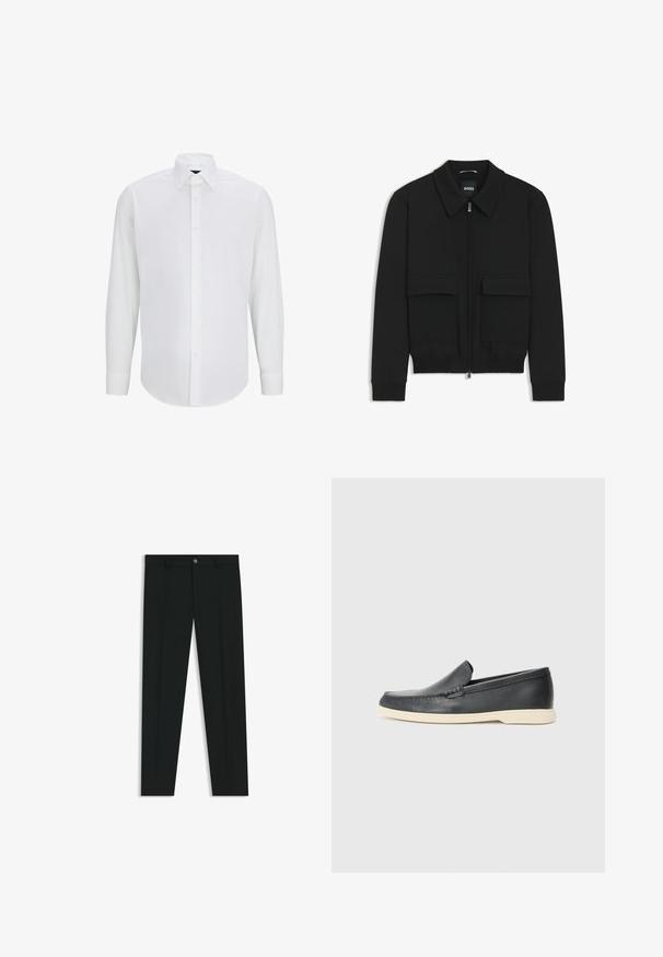 Zwarte bomberjack met een kraag, rits aan de voorkant en twee grote klepzakken. Heeft geribde manchetten en onderrand, gemaakt van textuurstof.; Witte lange mouwen shirt gemaakt van gladde stof met een standaard kraag, sluiting met knopen aan de voorkant en een afgeronde zoom. Geen zichtbare patronen of accenten.; Zwarte dresspants met een recht pasvorm, gemaakt van een gladde stof. Heeft een sluiting met een knoop aan de voorkant en ceintuurlussen. Effen zonder patronen.; Zwarte leren instappers met een gestructureerde afwerking en een contrasterende beige rubberen zool. Beschikt over een subtiele accent langs de voorkant.