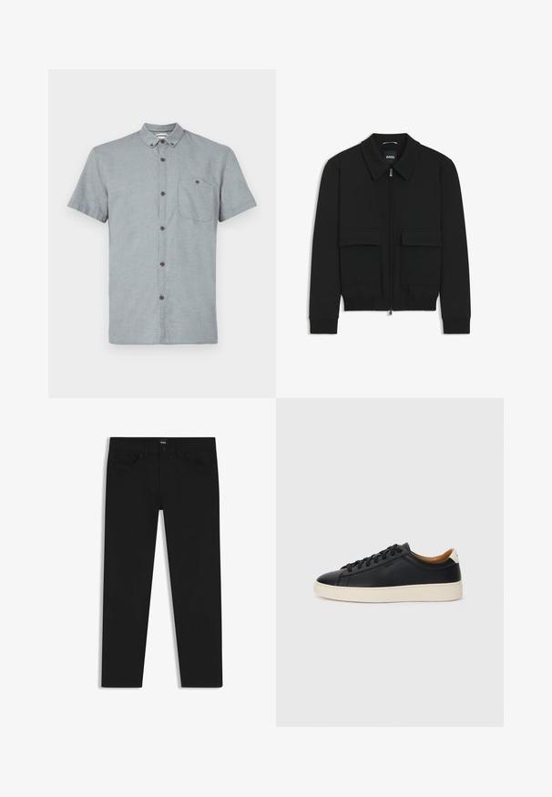 Giacca bomber nera con colletto, chiusura a zip frontale e due grandi tasche con patta. Presenta polsini e orlo a costine, realizzata in tessuto testurizzato.; Camicia a maniche corte con colletto in tessuto grigio chiaro con un motivo testurizzato. Presenta una tasca sul petto e bottoni scuri.; Pantaloni in denim nero con taglio dritto, dotati di vita standard, cinque tasche e chiusura con bottone. Texture liscia su tutta la superficie.; Sneakers in pelle nera con una texture liscia, suola in gomma beige, design con lacci e un accento del tacco in contrasto.