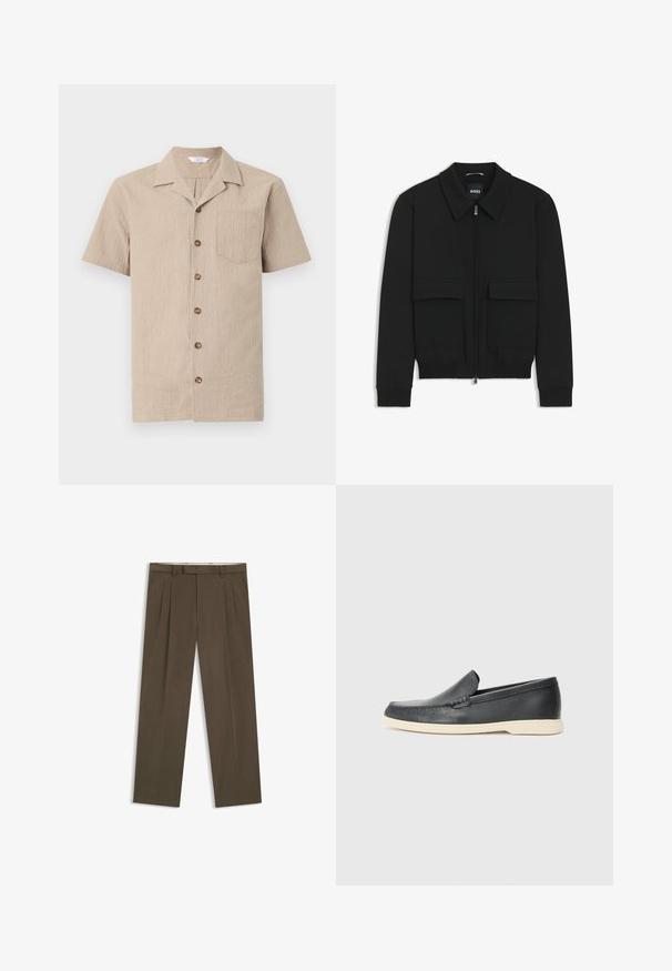 Svart bomberjacka med krage, dragkedja framtill och två stora klafffickor. Har ribbade mudd och nederkant, tillverkad av strukturerad tyg.; Beige kortärmad skjorta i ett texturerat tyg, med krage, bröstficka och bruna knappar framtill.; Bruna veckade byxor i en blandning av bomull. Har rak passform, bältesslingor och sidofickor. Slät textur med minimal detaljer.; Svarta läder slip-on loafers med en texturerad yta och en kontrasterande beige gummisula. Har en subtil accent längs fram.