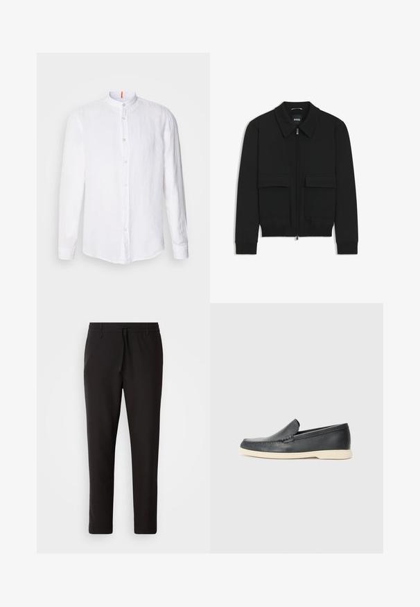 Giacca bomber nera con colletto, chiusura a zip frontale e due grandi tasche con patta. Presenta polsini e orlo a costine, realizzata in tessuto testurizzato.; Camicia bianca di lino con colletto alla mandarino, chiusura frontale con bottoni, maniche lunghe e una trama sottile. Accento arancione evidente sul colletto.; Pantaloni jogger neri realizzati in tessuto liscio. Presentano una vita elasticizzata con stringa, gambe affusolate e senza tasche visibili. Design semplice.; Mocassini neri in pelle con finitura testurizzata e suola in gomma beige a contrasto. Presentano un accento sottile lungo la parte anteriore.