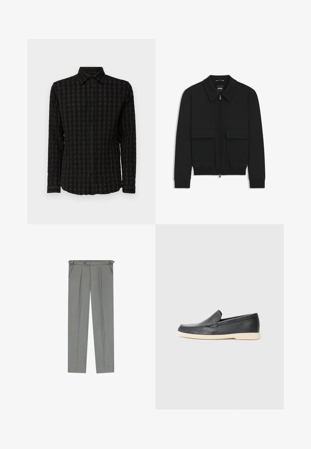Schwarze Bikerjacke mit Kragen, Reißverschluss vorne und zwei großen Taschen mit Klappen. Mit Rippstrickbündchen und Saum, aus strukturiertem Stoff gefertigt.; Schwarzes Langarmshirt mit einem strukturierten Karomuster in dunklen Tönen, mit einer knöpfbaren Vorderseite, Kragen und Manschetten mit passenden Streifen.; Hellegrau maßgeschneiderte Hose mit strukturierter Oberfläche, ausgestattet mit Falten, Gürtelschlaufen und einem Knopfverschluss an der Taille.; Schwarze Leder-Slipper mit strukturiertem Finish und einer kontrastierenden beige Gummisohle. Mit einem dezenten Akzent an der Vorderseite.