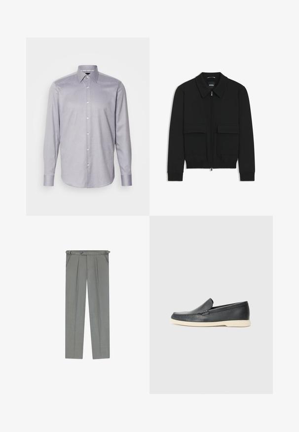 Black bomber jacket with a collared neck, zip front, and two large flap pockets. Features ribbed cuffs and hem, made of textured fabric.; Light purple long-sleeve shirt with a button-down collar, featuring a subtle textured pattern and white buttons along the front.; Light gray tailored trousers with a textured finish, featuring pleats, belt loops, and a button closure at the waist.; Black leather slip-on loafers with a textured finish and a contrasting beige rubber sole. Features a subtle accent along the front.