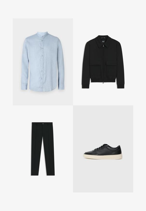 Zwarte bomberjack met een kraag, rits aan de voorkant en twee grote klepzakken. Heeft geribde manchetten en onderrand, gemaakt van textuurstof.; Lichtblauw overhemd met lange mouwen van linnen. Heeft een staande kraag en een knopenlijst aan de voorkant. Gladde textuur met een iets relaxte pasvorm.; Zwarte dresspants met een recht pasvorm, gemaakt van een gladde stof. Heeft een sluiting met een knoop aan de voorkant en ceintuurlussen. Effen zonder patronen.; Zwarte leren sneaker met lage schacht, zwarte veters en off-white zool, weergegeven in zijprofiel op een witte achtergrond.