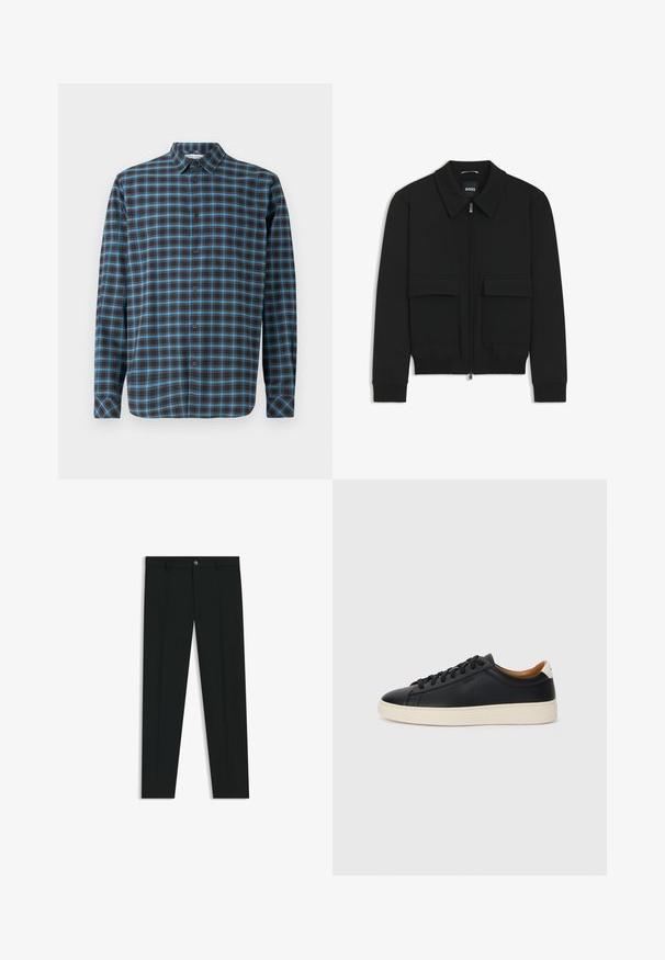 Musta pommikohva takki, jossa on kauluskulli, vetoketju etupuolella ja kaksi suurta läpällistä taskua. Varustettu ribbireunuksilla hihoissa ja helmassa, valmistettu teksturoituneesta kankaasta.; Samsøe Samsøe LIAM - Vapaa-ajan kauluspaita - turkish coffee; Musta housut, joissa on suora lahje, valmistettu sileästä kankaasta. Edessä nappisulku ja vyölenkit. Yksinkertainen ilman kuvioita.; Mustat nahkasneakerit, joissa on sileä pinta, beige kumipohja, nauhakiinnitys ja erottuva kanta-aksentti.