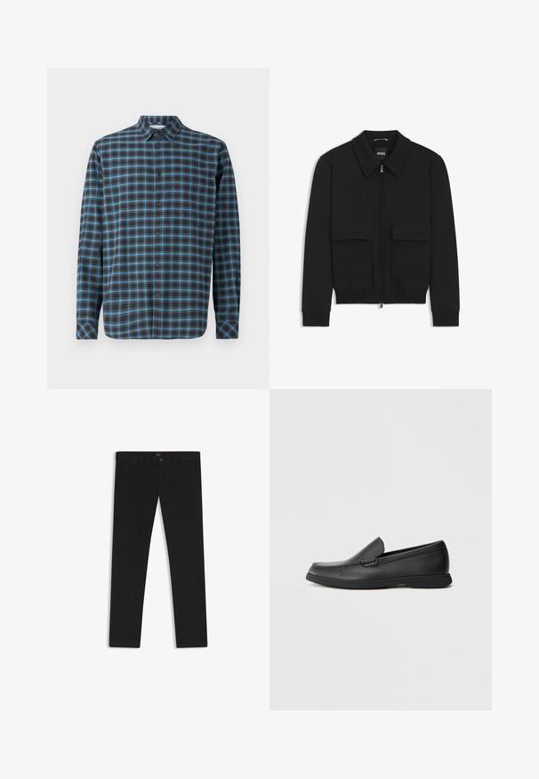 Schwarze Bikerjacke mit Kragen, Reißverschluss vorne und zwei großen Taschen mit Klappen. Mit Rippstrickbündchen und Saum, aus strukturiertem Stoff gefertigt.; Samsøe Samsøe LIAM - Hemd - turkish coffee; Schwarze Hosen aus einem Stoff mit glatter текстуре. Verfügt über einen Knopfverschluss, Gürtelschlaufen und Seitentaschen. Klassisches Design mit geradem Bein.; Schwarze Leder Slipper mit strukturiertem Obermaterial, runder Zehenform, niedrigem Absatz und Gummisohle, seitlich auf weißem Hintergrund abgebildet.