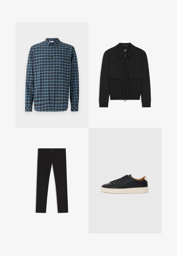 Schwarze Bikerjacke mit Kragen, Reißverschluss vorne und zwei großen Taschen mit Klappen. Mit Rippstrickbündchen und Saum, aus strukturiertem Stoff gefertigt.; Samsøe Samsøe LIAM - Hemd - turkish coffee; Schwarze Hosen aus einem Stoff mit glatter текстуре. Verfügt über einen Knopfverschluss, Gürtelschlaufen und Seitentaschen. Klassisches Design mit geradem Bein.; Schwarze Ledersneaker mit glatter Textur, beiger Gummisohle, Schnürdesign und einem kontrastierenden Fersenakzent.