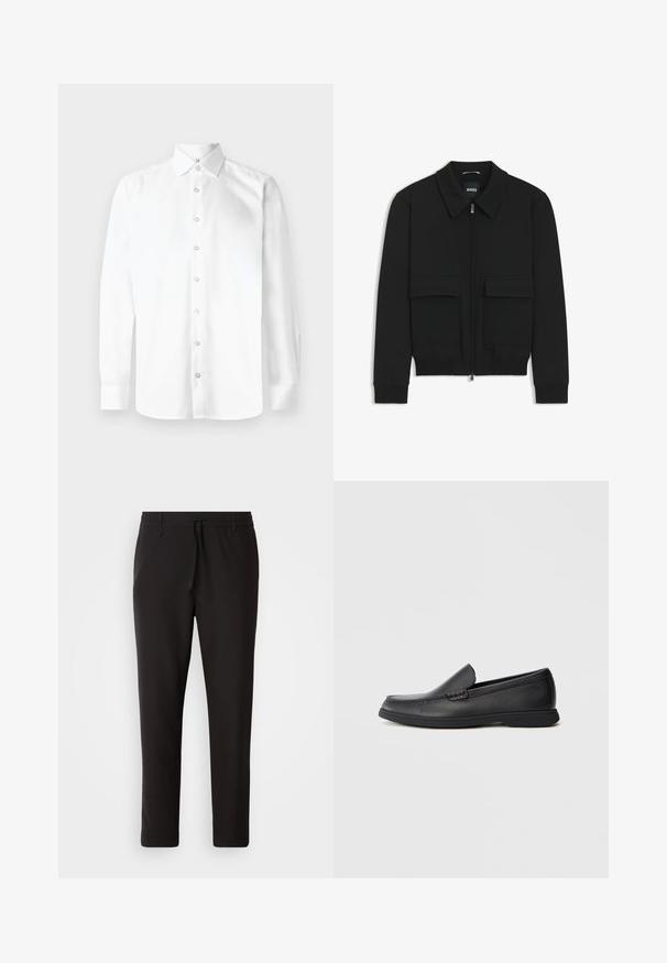 Black bomber jacket with a collared neck, zip front, and two large flap pockets. Features ribbed cuffs and hem, made of textured fabric.; White long-sleeve shirt with a pointed collar, button front, and single-button cuffs. Smooth, plain fabric with no patterns or embellishments.; Black jogger pants made of smooth fabric. Feature an elastic waistband with a drawstring, tapered legs, and no visible pockets. Simple design.; Black leather slip-on loafer with textured upper, rounded toe, low heel, and rubber sole, shown in side profile on white background.