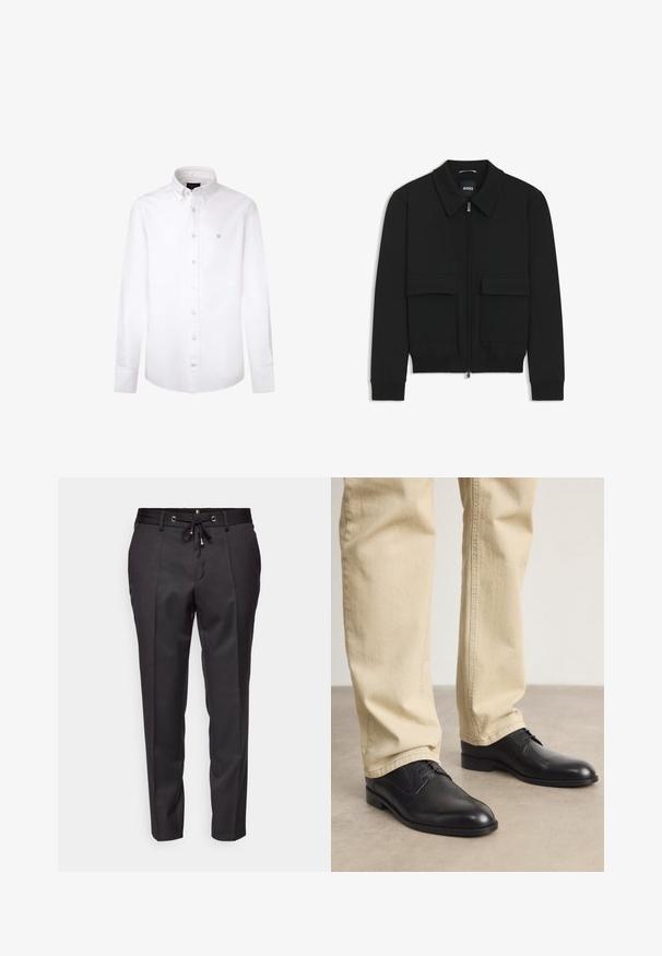 Sort bomberjakke med krave, lynlås foran og to store klaplommer. Har ribbede manchetter og bund, lavet af struktureret stof.; Hvid langærmet skjorte lavet af bomuld. Har en klassisk button-down krave, frontknapper og et lille blåt logo på venstre bryst.; Sorte skræddersyede bukser med snor i taljen, plisseret front og opsmøgede afslutninger. Lavet af glat stof med en struktureret pasform.; Sorte læder snørebåndssko med rund tå, glat finish og diskrete syninger, båret med lyse beige bukser.