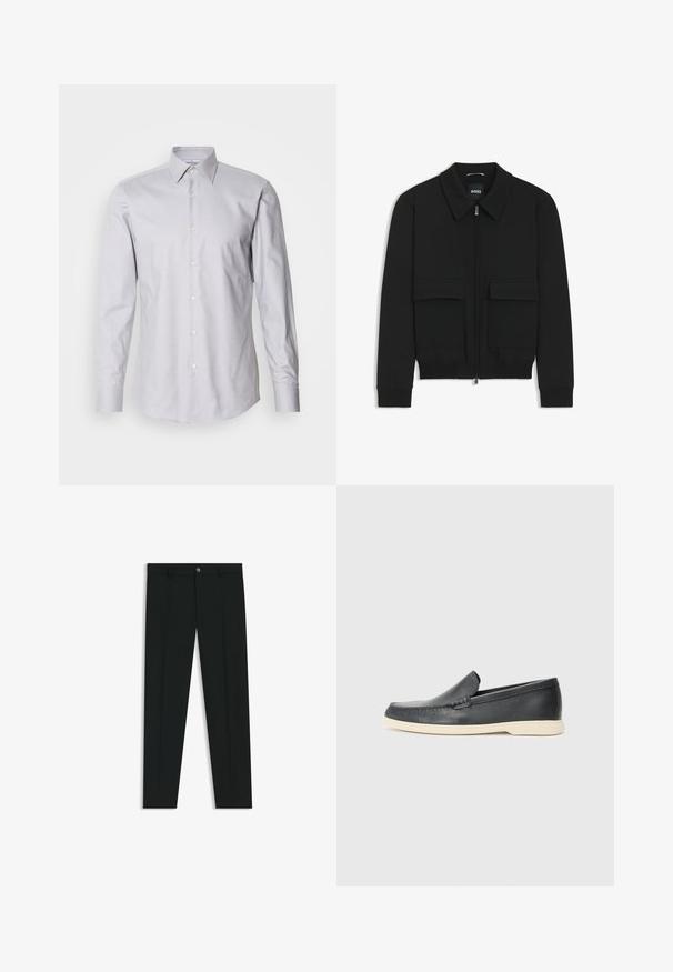 Musta pommikohva takki, jossa on kauluskulli, vetoketju etupuolella ja kaksi suurta läpällistä taskua. Varustettu ribbireunuksilla hihoissa ja helmassa, valmistettu teksturoituneesta kankaasta.; Vaaleanharmaa pitkähiha-aita, jossa on napillinen kaulus, valmistettu kudotusta kankaasta. Aita on klassinen istuvuudeltaan ja siinä on valkoiset napit edessä.; Musta housut, joissa on suora lahje, valmistettu sileästä kankaasta. Edessä nappisulku ja vyölenkit. Yksinkertainen ilman kuvioita.; Mustat nahkakengät ilman nauhoja, joissa on teksturoitu pinta ja kontrastoiva beige kumipohja. Kengissä on hillitty yksityiskohta etuosassa.