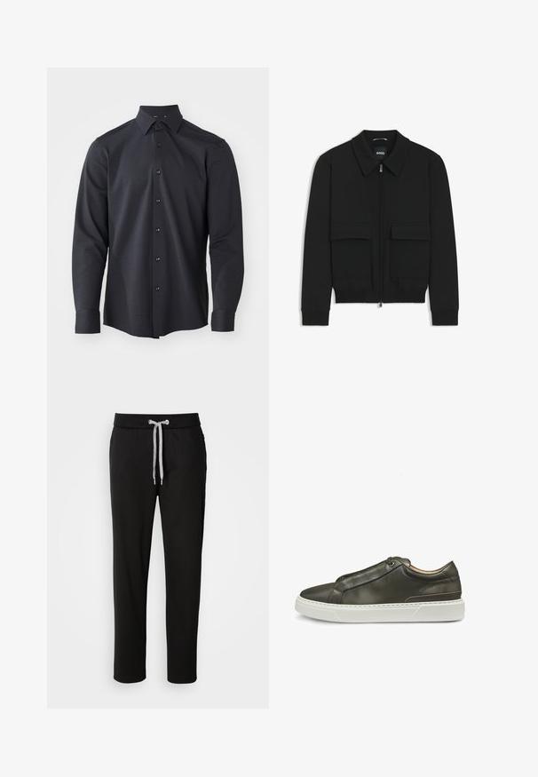 Musta pommikohva takki, jossa on kauluskulli, vetoketju etupuolella ja kaksi suurta läpällistä taskua. Varustettu ribbireunuksilla hihoissa ja helmassa, valmistettu teksturoituneesta kankaasta.; Tummansininen pitkähihainen nappipaita, jossa on kuviollinen pinta, klassinen kaulus ja mustat napit edessä.; Mustat Collegehousut pehmeästä kankaasta, joissa on joustava vyötärönauha ja nyöri sekä sivutaskut. Rentoa suunnittelua suoran istuvuuden kanssa.; Vihreä nahkainen lenkkari, jossa on sileä pinta, valkoinen pohja, nauhallinen etuosa ja hienovaraiset ompeludetaljit. Minimalistinen, matala profiili.