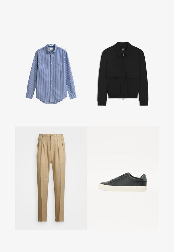 Svart bomberjacka med krage, dragkedja framtill och två stora klafffickor. Har ribbade mudd och nederkant, tillverkad av strukturerad tyg.; Blå och vitrandig långärmad skjorta med vertikala ränder, knappad krage, en ficka fram och rundad nederkant. Mjuk bomullstyg.; Beiga linnbyxor med rak passform, med två framveck, knappstängning och sidofickor. Strukturerad tyg med en mjuk yta.; Svarta lädersneakers med en texturerad yta, vit gummisula, rund tå och grönt inslag vid hälen. Design med snörning genom sex öglor.