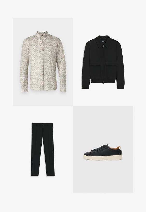 Zwarte bomberjack met een kraag, rits aan de voorkant en twee grote klepzakken. Heeft geribde manchetten en onderrand, gemaakt van textuurstof.; Langsleeve shirt in lichtbeige met ingewikkelde geometrische patronen. Voorzien van een kraag, knoopsluiting en manchetten met twee knopen.; Zwarte dresspants met een recht pasvorm, gemaakt van een gladde stof. Heeft een sluiting met een knoop aan de voorkant en ceintuurlussen. Effen zonder patronen.; Zwarte leren sneakers met een gladde textuur, beige rubberen zool, vetersluiting en een contrasterende hielaccent.