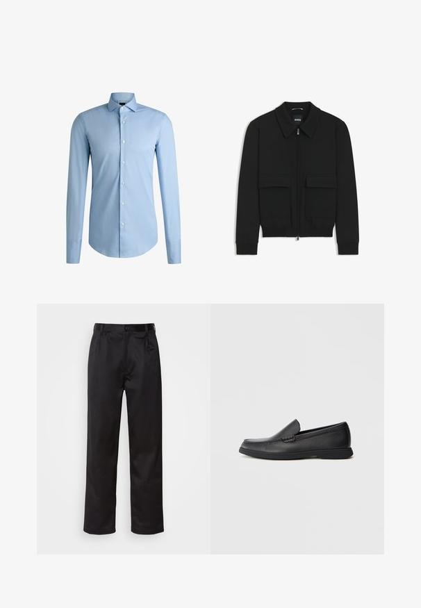 Giacca bomber nera con colletto, chiusura a zip frontale e due grandi tasche con patta. Presenta polsini e orlo a costine, realizzata in tessuto testurizzato.; BOSS H-HANK-SPREAD-DC - Camicia elegante - light blue; Pantaloni neri realizzati in tessuto morbido, con chiusura frontale a bottone, pieghe e gambe dritte. Nessun motivo o accento visibile.; Mocassino slip-on in pelle nera con sopra testurizzato, punta arrotondata, tacco basso e suola in gomma, mostrato in profilo laterale su sfondo bianco.