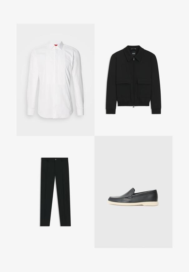 Schwarze Bikerjacke mit Kragen, Reißverschluss vorne und zwei großen Taschen mit Klappen. Mit Rippstrickbündchen und Saum, aus strukturiertem Stoff gefertigt.; Weißes Langarmhemd aus Baumwolle mit einer vorderen Leiste und vertikalen Falten. Klassischer Kragen und Knopfmanschetten. Glatte Textur.; Schwarze Anzughosen mit geradem Bein, aus glattem Stoff. Mit Knopfverschluss vorne und Gürtelschlaufen. Schlicht ohne Muster.; Schwarze Leder-Slipper mit strukturiertem Finish und einer kontrastierenden beige Gummisohle. Mit einem dezenten Akzent an der Vorderseite.