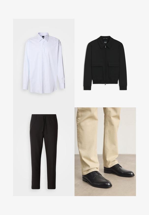 Giacca bomber nera con colletto, chiusura a zip frontale e due grandi tasche con patta. Presenta polsini e orlo a costine, realizzata in tessuto testurizzato.; Camicia a maniche lunghe a righe blu chiaro con colletto button-down e polsini standard. Realizzata in un tessuto morbido e tessuto. Accentuata da bottoni bianchi.; Pantaloni jogger neri realizzati in tessuto liscio. Presentano una vita elasticizzata con stringa, gambe affusolate e senza tasche visibili. Design semplice.; Scarpe stringate in pelle nera con punta arrotondata, finitura liscia e dettagli di cucitura sottili, indossate con pantaloni beige chiaro.