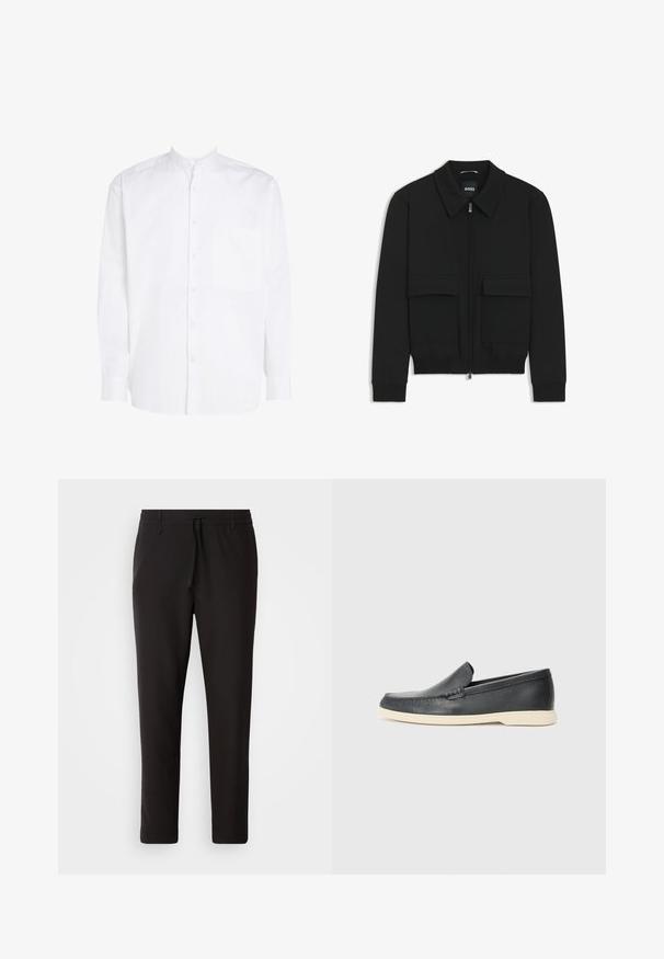 Black bomber jacket with a collared neck, zip front, and two large flap pockets. Features ribbed cuffs and hem, made of textured fabric.; White long-sleeve shirt with a band collar, front button closure, and a single chest pocket. Made from smooth cotton fabric.; Black jogger pants made of smooth fabric. Feature an elastic waistband with a drawstring, tapered legs, and no visible pockets. Simple design.; Black leather slip-on loafers with a textured finish and a contrasting beige rubber sole. Features a subtle accent along the front.