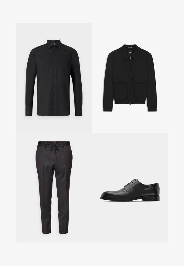 Giacca bomber nera con colletto, chiusura a zip frontale e due grandi tasche con patta. Presenta polsini e orlo a costine, realizzata in tessuto testurizzato.; Camicetta nera a maniche lunghe realizzata in tessuto liscio, con colletto classico, chiusura frontale con bottoni, polsini regolabili e vestibilità su misura.; Pantaloni neri su misura con vita elasticizzata, frontale plissettato e orli a fondo gamba. Realizzati in un tessuto liscio con una vestibilità strutturata.; Scarpa da dress in pelle nera con punta arrotondata, superficie liscia, cuciture minime e suola piatta con un marchio discreto sul tallone.