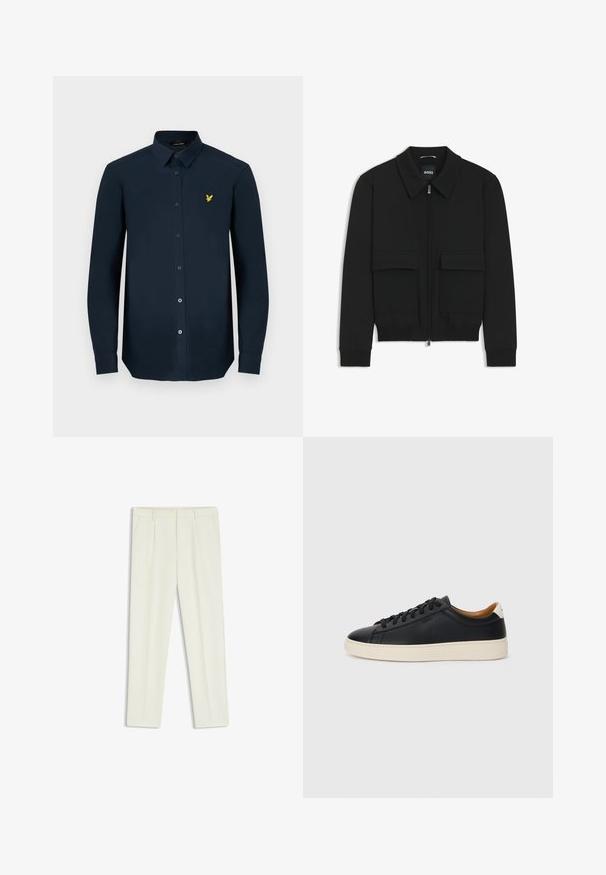 Schwarze Bikerjacke mit Kragen, Reißverschluss vorne und zwei großen Taschen mit Klappen. Mit Rippstrickbündchen und Saum, aus strukturiertem Stoff gefertigt.; Navyblaues Langarmhemd aus glattem Stoff, mit einer Knopfleiste, spitzem Kragen und einem kleinen gelben gestickten Logo auf der Brust.; Weiße maßgeschneiderte Hosen mit glatter Textur, die über vordere Falten, zwei Seitentaschen und einen geraden Beinschnitt verfügen.; Schwarze Ledersneaker mit glatter Textur, beiger Gummisohle, Schnürdesign und einem kontrastierenden Fersenakzent.