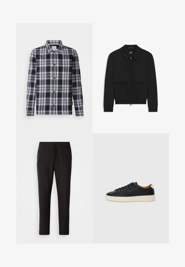 Veste bomber noire avec col, fermeture éclair à l'avant et deux grandes poches à rabat. Dotée de poignets et d'un bas côtelés, fabriquée en tissu texturé.; Chemise à carreaux noir et blanc à manches longues, avec un devant à boutons et un col standard. Tissu doux avec une texture lisse.; Pantalons de jogging noirs en tissu lisse. Dotés d'une taille élastique avec cordon de serrage, jambes fuselées, et sans poches visibles. Design simple.; Baskets en cuir noir avec une texture lisse, semelle en caoutchouc beige, design à lacets et accent de talon contrasté.