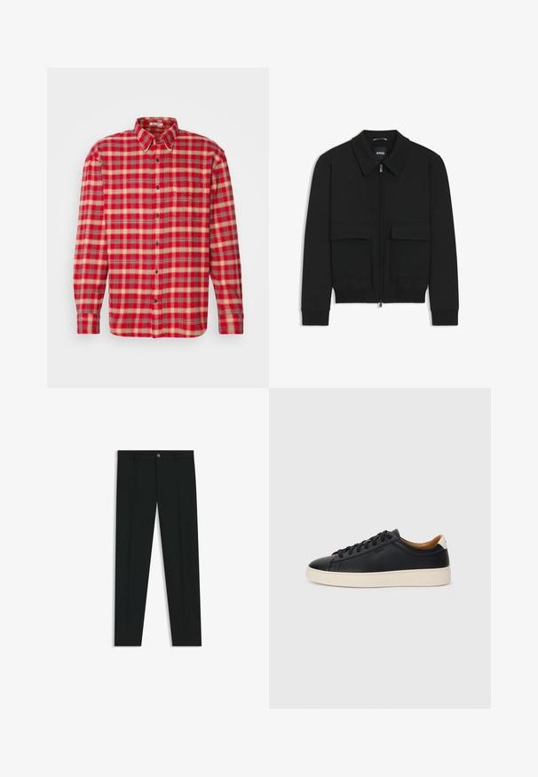 Schwarze Bikerjacke mit Kragen, Reißverschluss vorne und zwei großen Taschen mit Klappen. Mit Rippstrickbündchen und Saum, aus strukturiertem Stoff gefertigt.; GANT CHECK SHIRT - Hemd - ruby red; Schwarze Anzughosen mit geradem Bein, aus glattem Stoff. Mit Knopfverschluss vorne und Gürtelschlaufen. Schlicht ohne Muster.; Schwarze Ledersneaker mit glatter Textur, beiger Gummisohle, Schnürdesign und einem kontrastierenden Fersenakzent.