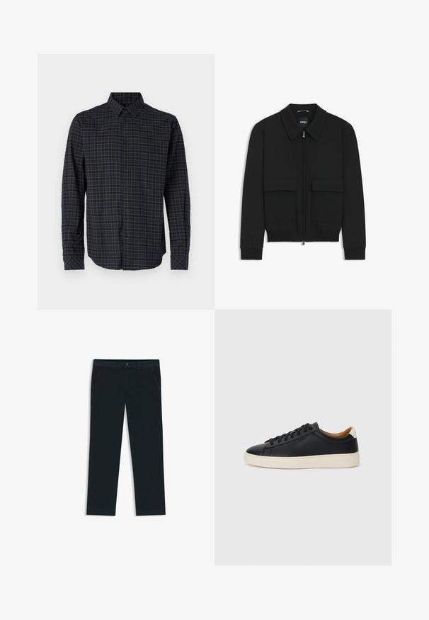 Giacca bomber nera con colletto, chiusura a zip frontale e due grandi tasche con patta. Presenta polsini e orlo a costine, realizzata in tessuto testurizzato.; Camicia a maniche lunghe realizzata in tessuto tessuto, con un motivo a quadri blu scuro e verde, chiusura con bottoni sul davanti e colletto a punta.; Chinos di un blu navy scuro realizzati in tessuto misto cotone. Presentano passanti per cintura, tasche frontali e una chiusura con zip e bottone.; Sneakers in pelle nera con una texture liscia, suola in gomma beige, design con lacci e un accento del tacco in contrasto.