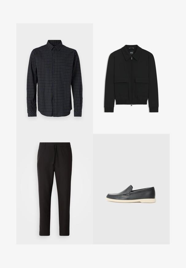 Black bomber jacket with a collared neck, zip front, and two large flap pockets. Features ribbed cuffs and hem, made of textured fabric.; Long-sleeve shirt made of woven fabric, featuring a dark blue and green check pattern, button-up front, and pointed collar.; Black jogger pants made of smooth fabric. Feature an elastic waistband with a drawstring, tapered legs, and no visible pockets. Simple design.; Black leather slip-on loafers with a textured finish and a contrasting beige rubber sole. Features a subtle accent along the front.