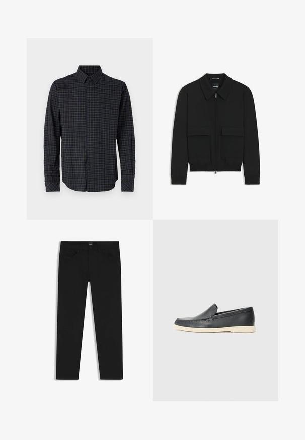 Zwarte bomberjack met een kraag, rits aan de voorkant en twee grote klepzakken. Heeft geribde manchetten en onderrand, gemaakt van textuurstof.; Langarmshirt van geweven stof met een donkerblauw en groen ruitpatroon, knoopsluiting aan de voorkant en een puntige kraag.; Zwarte denim broek met een rechte snit, voorzien van een standaard tailleband, vijf zakken en een knoopsluiting. Gladde textuur overal.; Zwarte leren instappers met een gestructureerde afwerking en een contrasterende beige rubberen zool. Beschikt over een subtiele accent langs de voorkant.