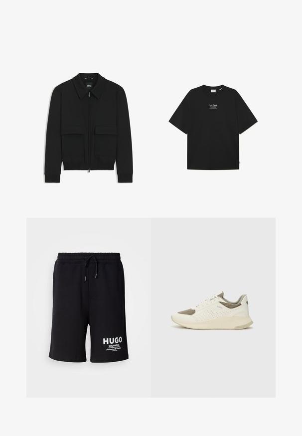 Black bomber jacket with a collared neck, zip front, and two large flap pockets. Features ribbed cuffs and hem, made of textured fabric.; Black cotton t-shirt with loose fit, round neckline, and short sleeves. Features white text logo "Les Deux" in the center. Minimalist design.; Black cotton shorts with an elastic waistband and drawstring. White "HUGO" logo on the left leg. Simple design, knee-length cut.; White and light beige athletic sneaker, featuring a mesh upper, perforated detailing, and a textured midsole with branding on the heel.