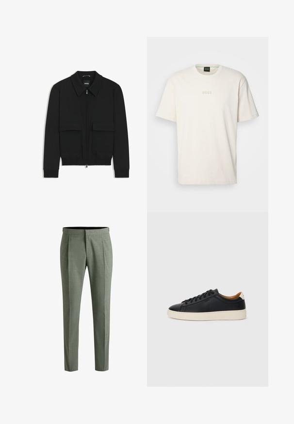 Black bomber jacket with a collared neck, zip front, and two large flap pockets. Features ribbed cuffs and hem, made of textured fabric.; BOSS TEE - Basic T-shirt - open white; Tailored trousers in a muted green fabric, featuring a subtle texture, straight cut, and side pleats for added detail.; Black leather sneakers with a smooth texture, beige rubber sole, lace-up design, and a contrasting heel accent.