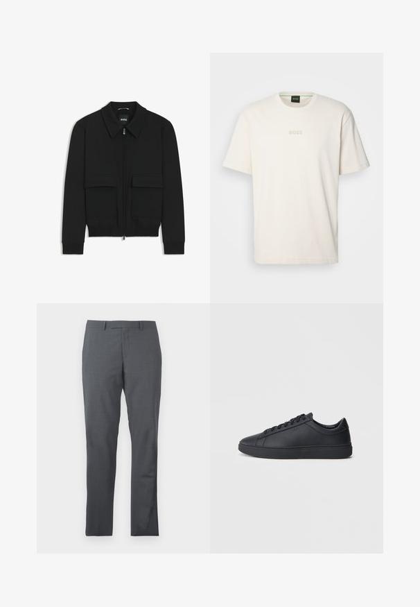 Black bomber jacket with a collared neck, zip front, and two large flap pockets. Features ribbed cuffs and hem, made of textured fabric.; BOSS TEE - Basic T-shirt - open white; Gray dress pants with a smooth, textured fabric. Slim fit design, flat front, and no visible embellishments or pockets.; Black sneakers made of smooth leather with a low-top design, round toe, and flat rubber sole. Features laces and subtle branding.